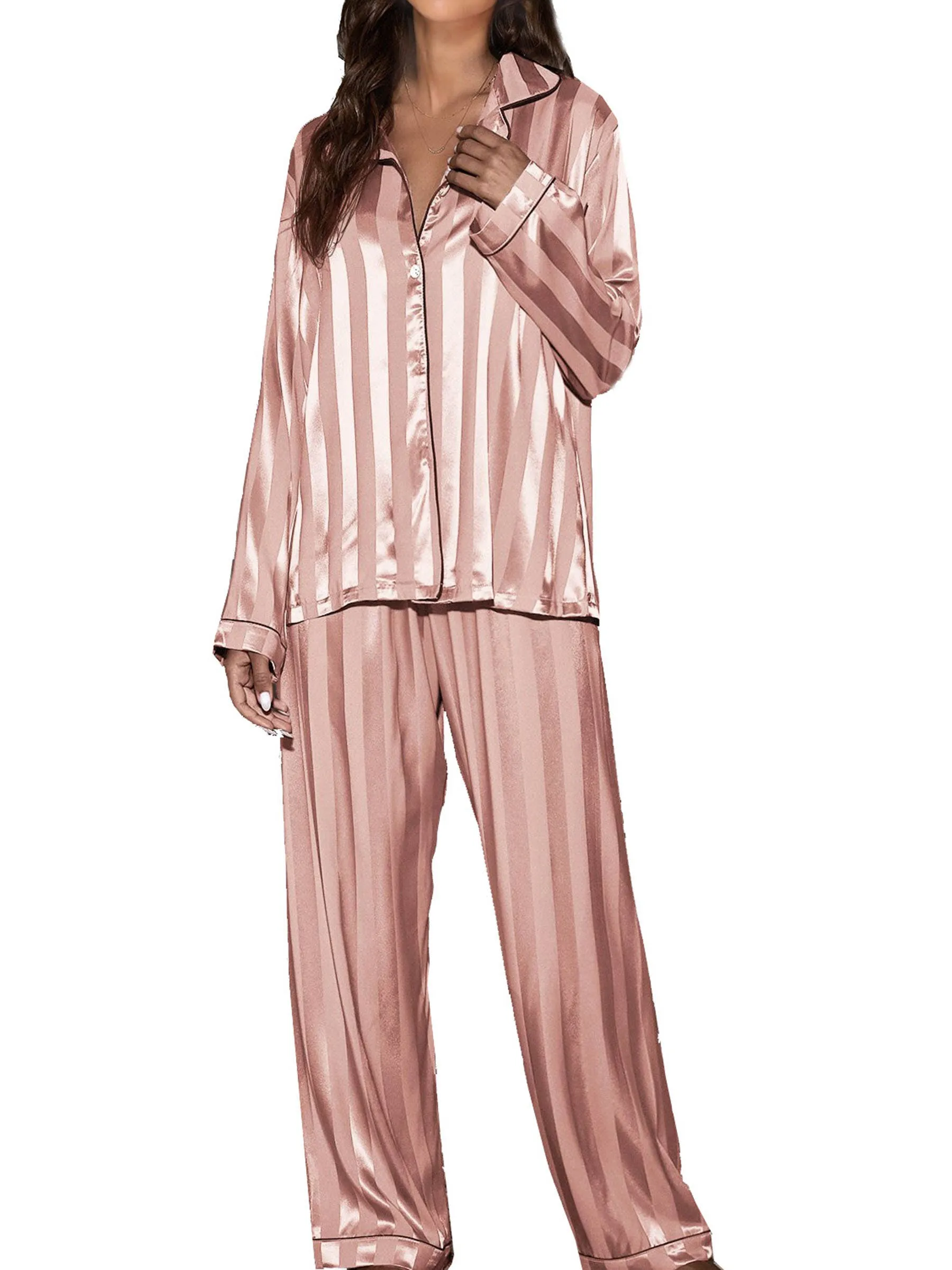 2 Piece Button Front Sleepwear Pants Set Loungewear: XL / Champagne