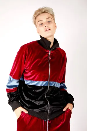 Adrian Schachter Red and Black Velvet Tracksuit Jacket