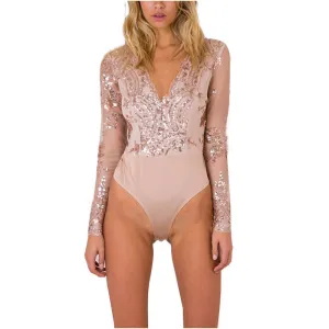 Apparel Golden Sequin Mesh Bodysuit Women Transparent Sleeve Leotard Bodysuit Top V Neck Elegant Jumpsuit Romper