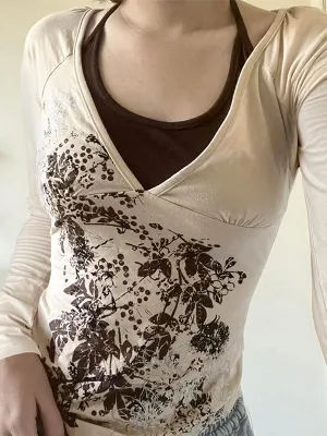 Apricot Retro Print Halter Long Sleeve T-Shirt
