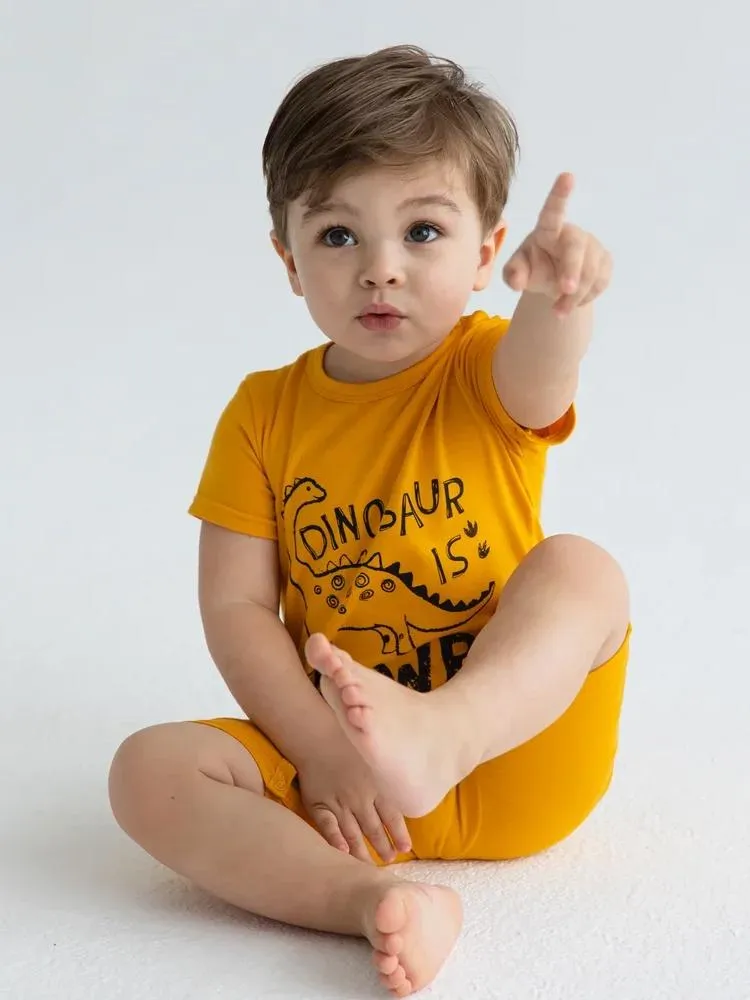 Artie - Rawr- some Dino Baby Boy Romper - Mustard Yellow 0 to 24 months