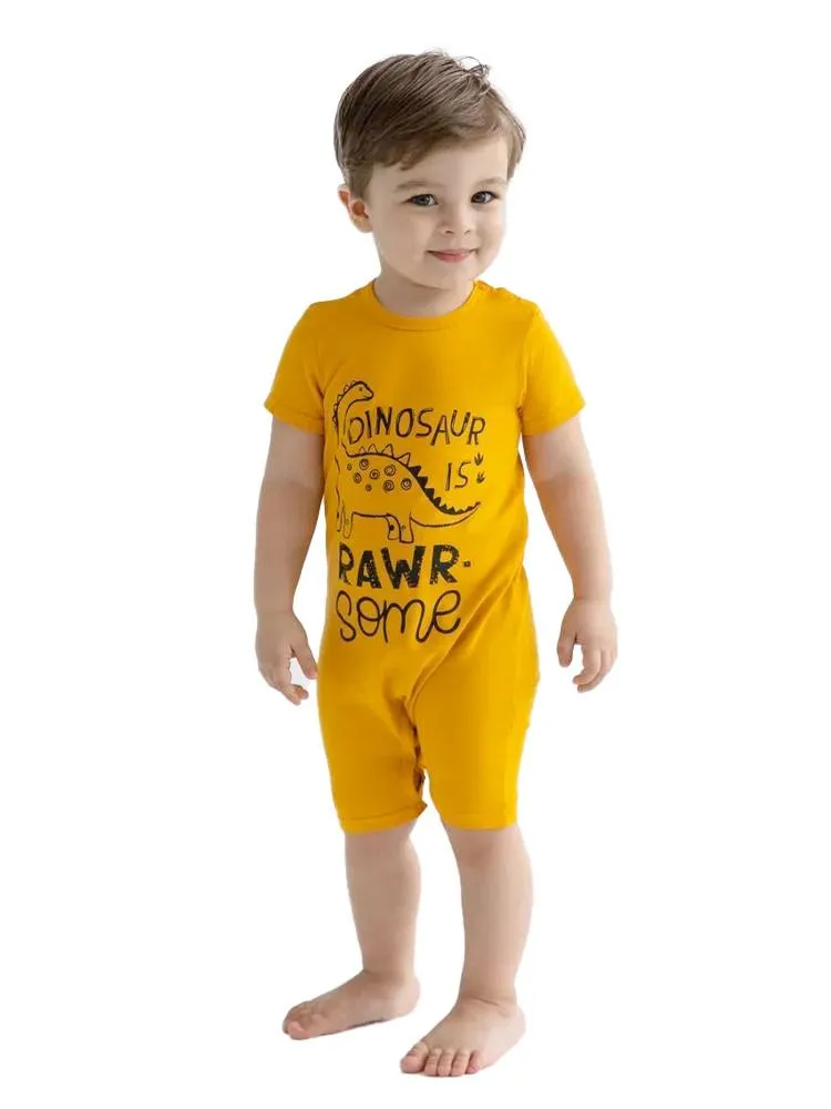 Artie - Rawr- some Dino Baby Boy Romper - Mustard Yellow 0 to 24 months