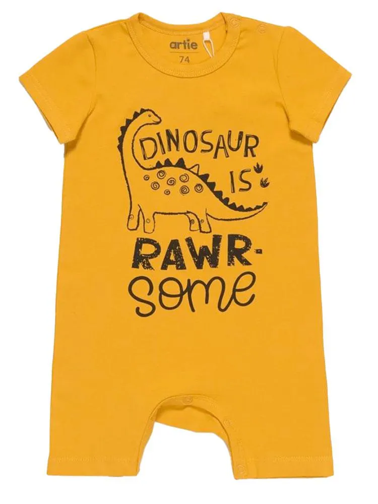 Artie - Rawr- some Dino Baby Boy Romper - Mustard Yellow 0 to 24 months