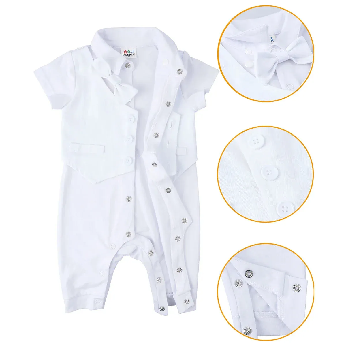 Baby Boys Christening Romper Newborn White One-Pieces Short Sleeve Summer Clothes Baptism Gift with Hat   Shoes   Socks 4PCS