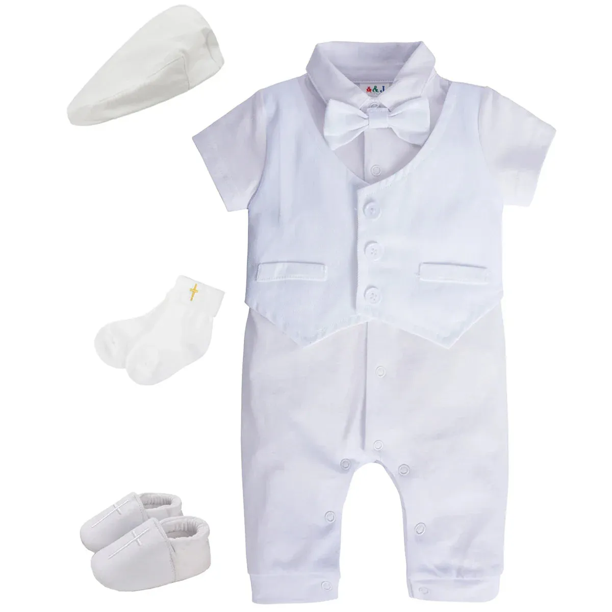 Baby Boys Christening Romper Newborn White One-Pieces Short Sleeve Summer Clothes Baptism Gift with Hat   Shoes   Socks 4PCS
