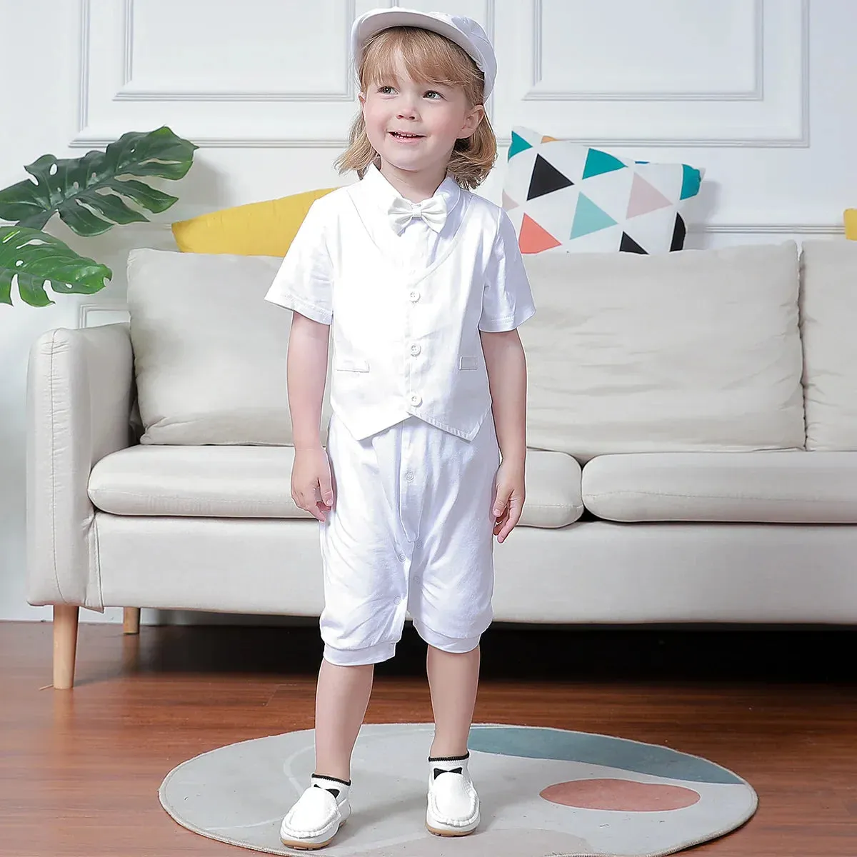 Baby Boys Christening Romper Newborn White One-Pieces Short Sleeve Summer Clothes Baptism Gift with Hat   Shoes   Socks 4PCS