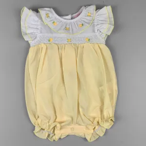 Baby Girl’s Lemon Yellow Summer Romper – Embroidered Roses & Smocked Front