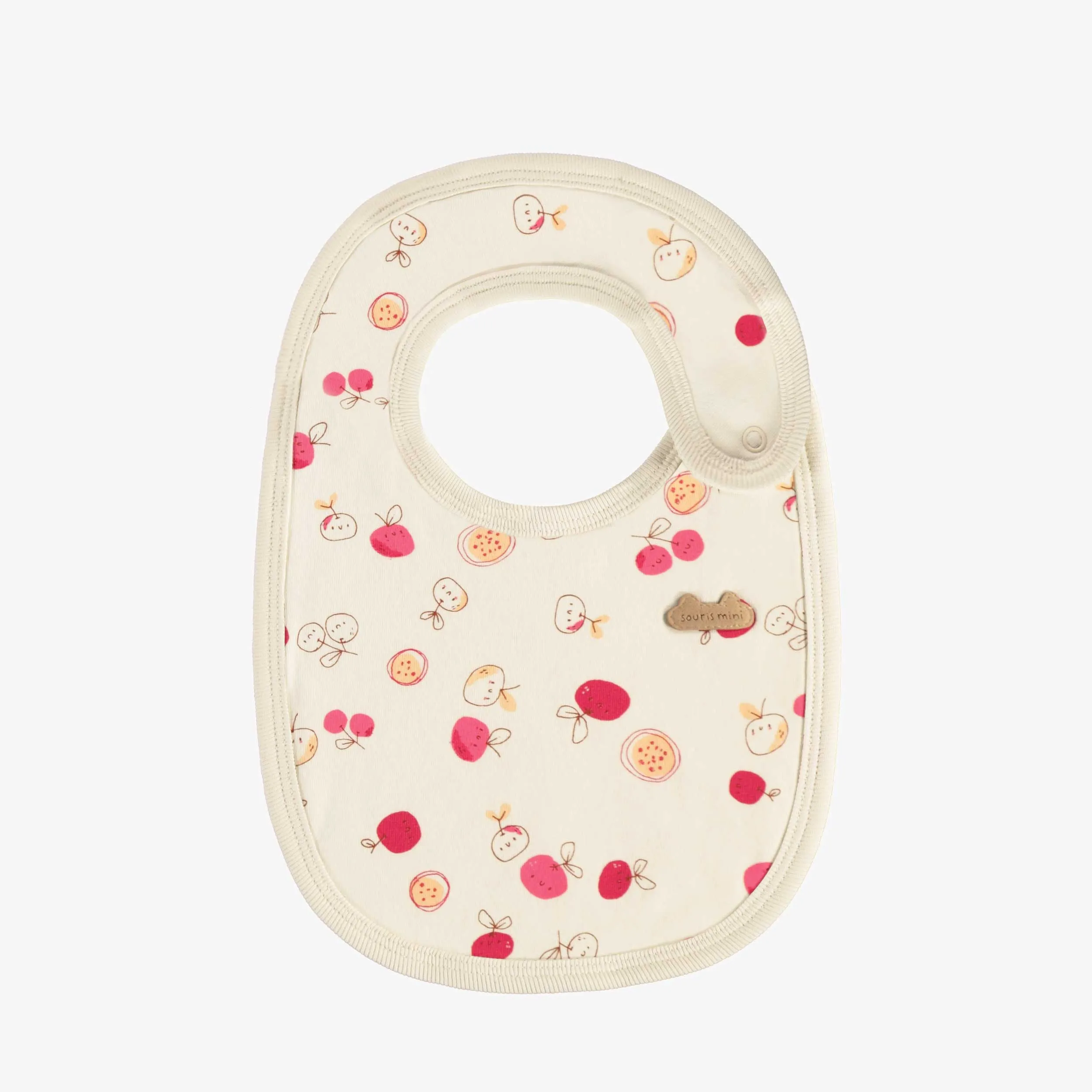 Bavoir crème avec motif de cerises en coton biologique, naissance || Cream bib with cherries print in organic cotton, newborn
