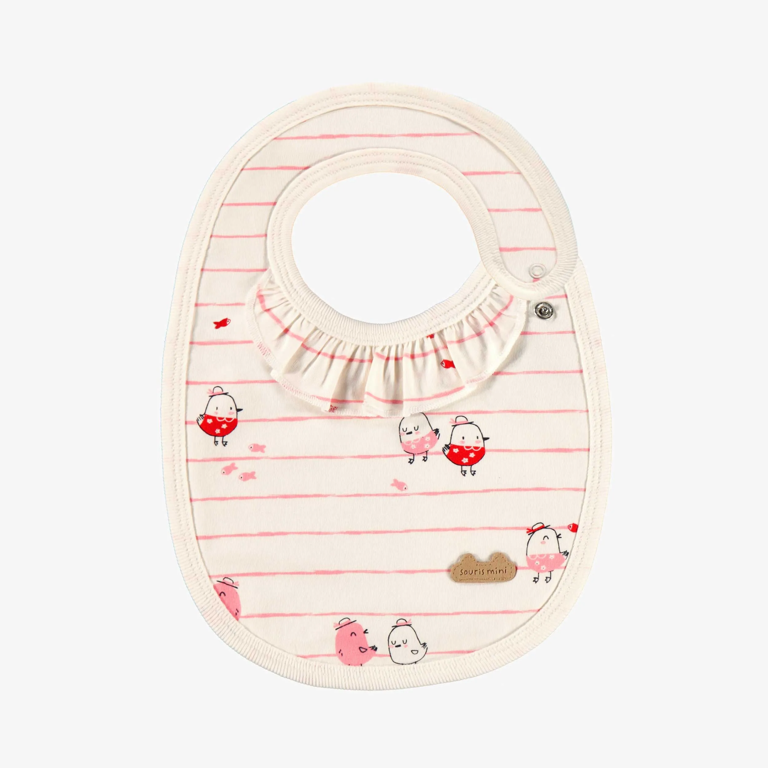 Bavoir crème à rayures roses et à motifs, naissance || Cream bib with pink stripes and all over print, newborn