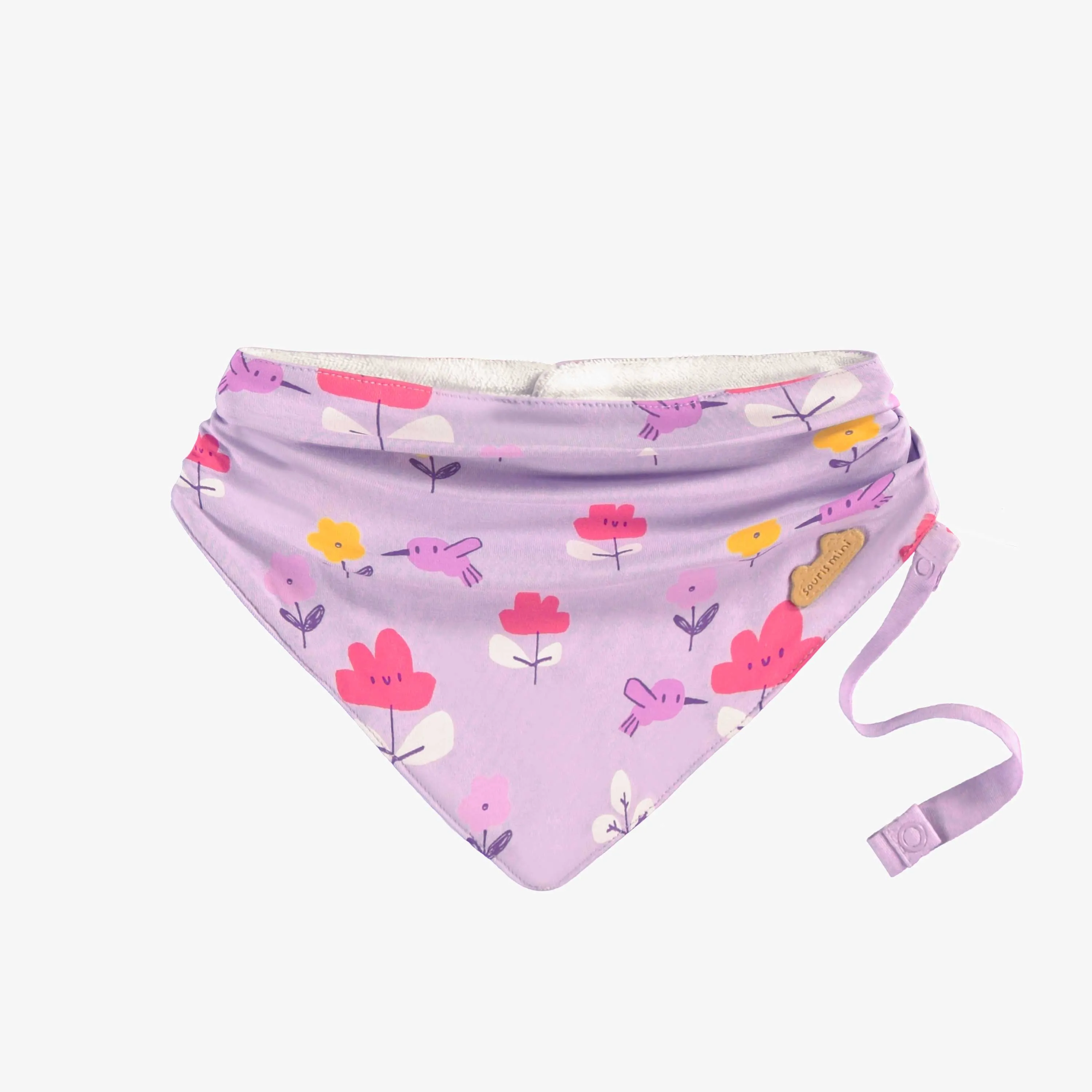 Bavoir mauve à motifs, naissance||Purple bib with all over print, newborn