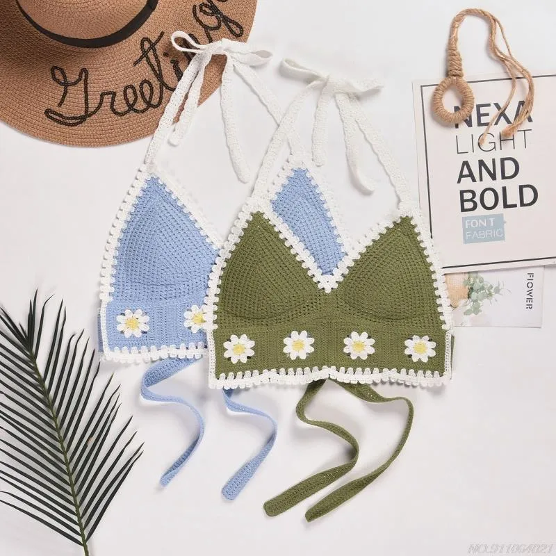 Bikini Crop Top Women Crochet Boho Beach Camisoles Bikini Bralette Halter Cami Knit Bra Backless Beachwear Tank Top ly19 22