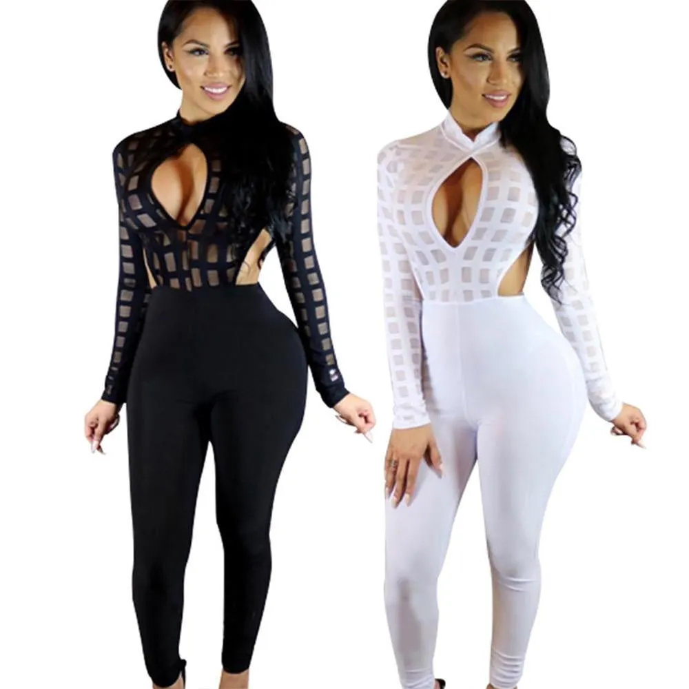 Black Jumpsuit Rompers Hollow Out Plaid Bandage Mesh White Overalls Catsuit Night Club One Piece Long Jumpsuits