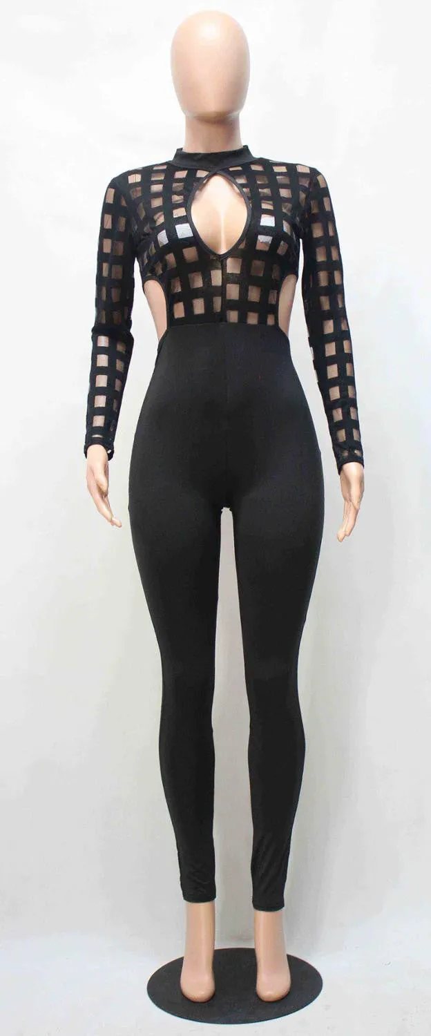 Black Jumpsuit Rompers Hollow Out Plaid Bandage Mesh White Overalls Catsuit Night Club One Piece Long Jumpsuits