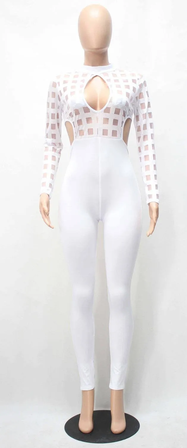 Black Jumpsuit Rompers Hollow Out Plaid Bandage Mesh White Overalls Catsuit Night Club One Piece Long Jumpsuits