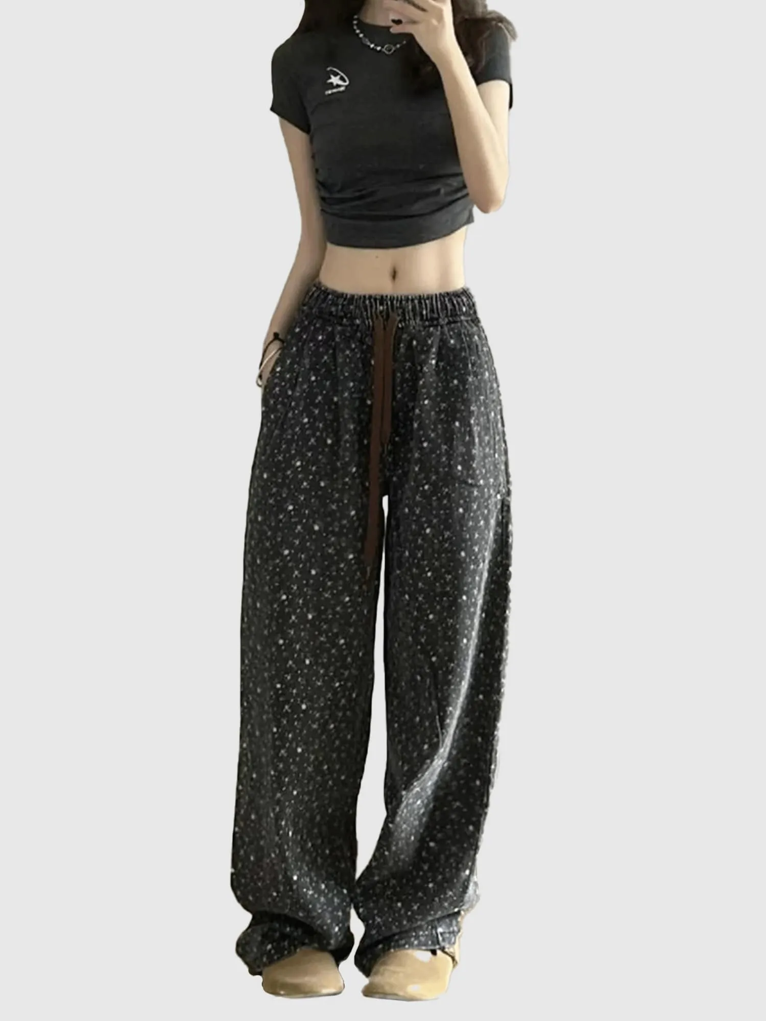 Black Printed Baggy Drawstring Denim