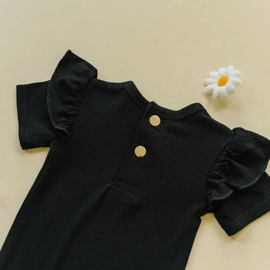 Black Ruffle Sleeve Ribbed Onesie