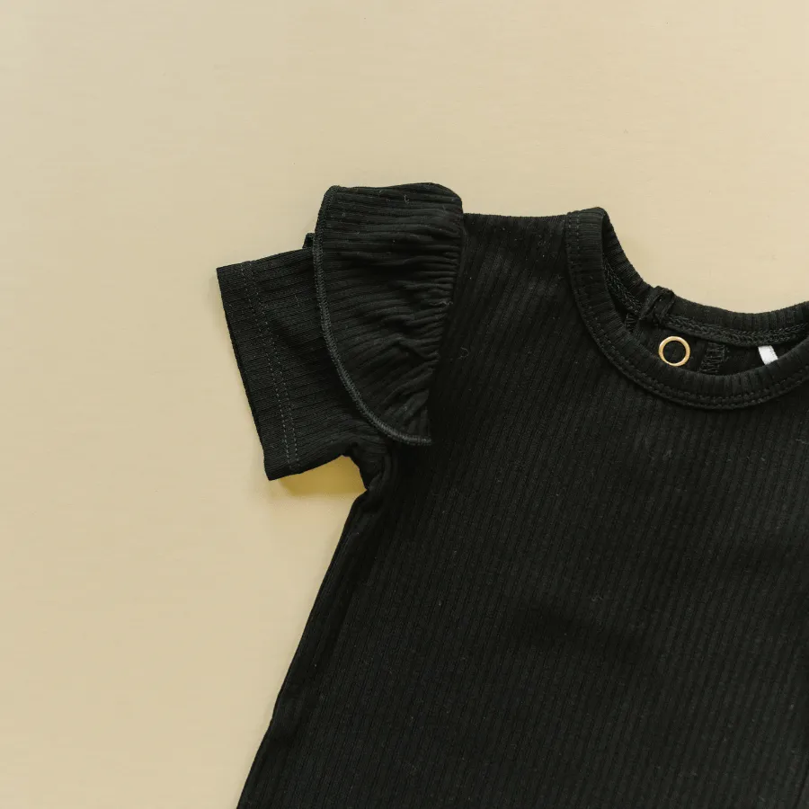 Black Ruffle Sleeve Ribbed Onesie