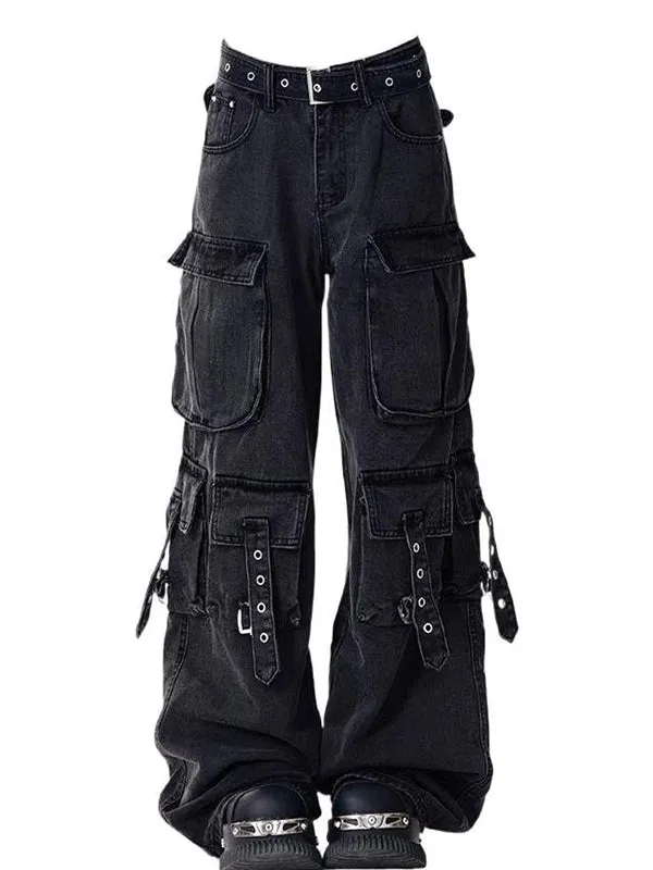 Black vintage multi-pocket cargo jeans