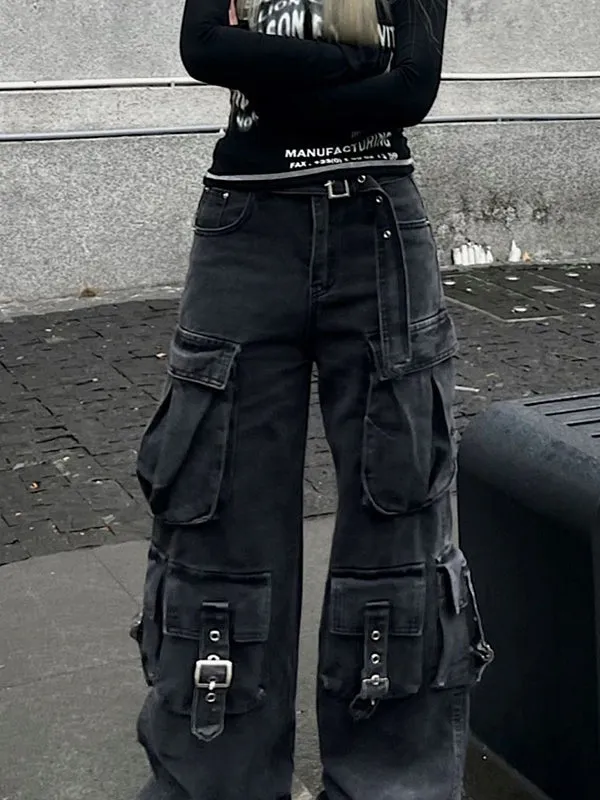 Black vintage multi-pocket cargo jeans