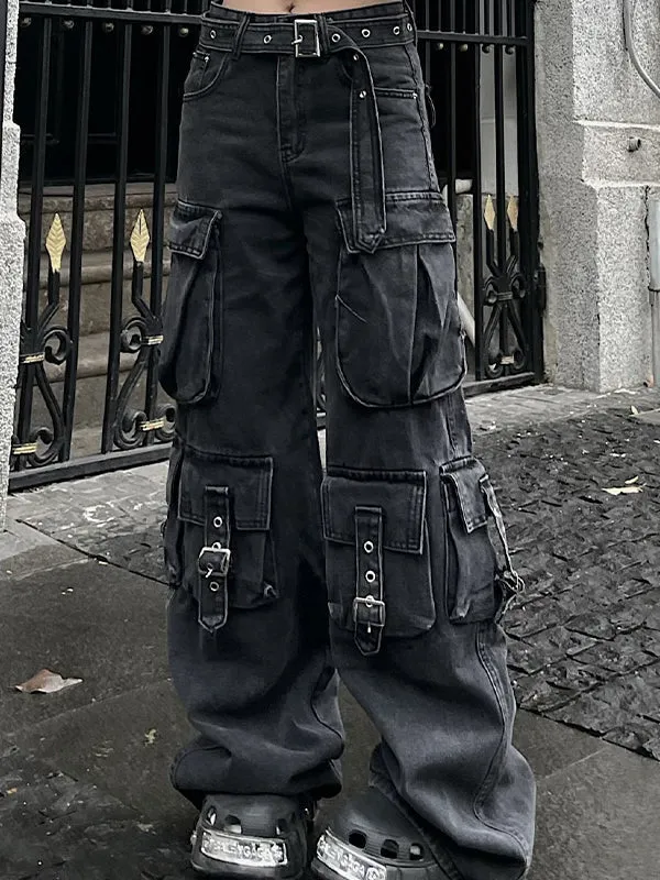 Black vintage multi-pocket cargo jeans