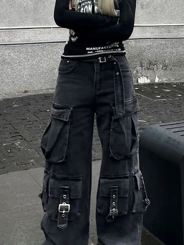 Black vintage multi-pocket cargo jeans