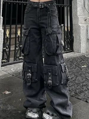 Black vintage multi-pocket cargo jeans