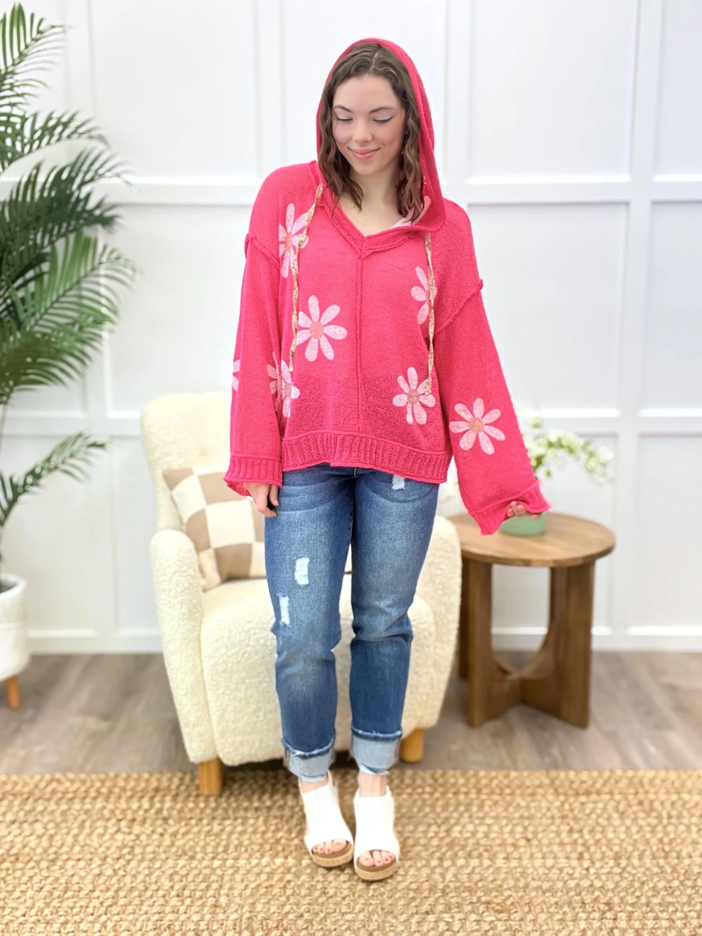 Bloom & Breeze Floral Knit Hoodie Sweater