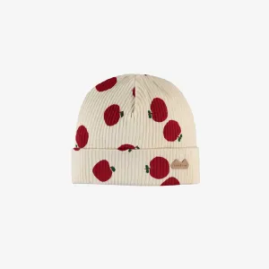 Bonnet crème avec pommes rouges, en tricot côtelé, naissance || Cream hat with apples, in ribbed knit, newborn