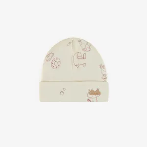 Bonnet crème à motifs en coton biologique, naissance || Cream patterned hat in organic cotton, newborn