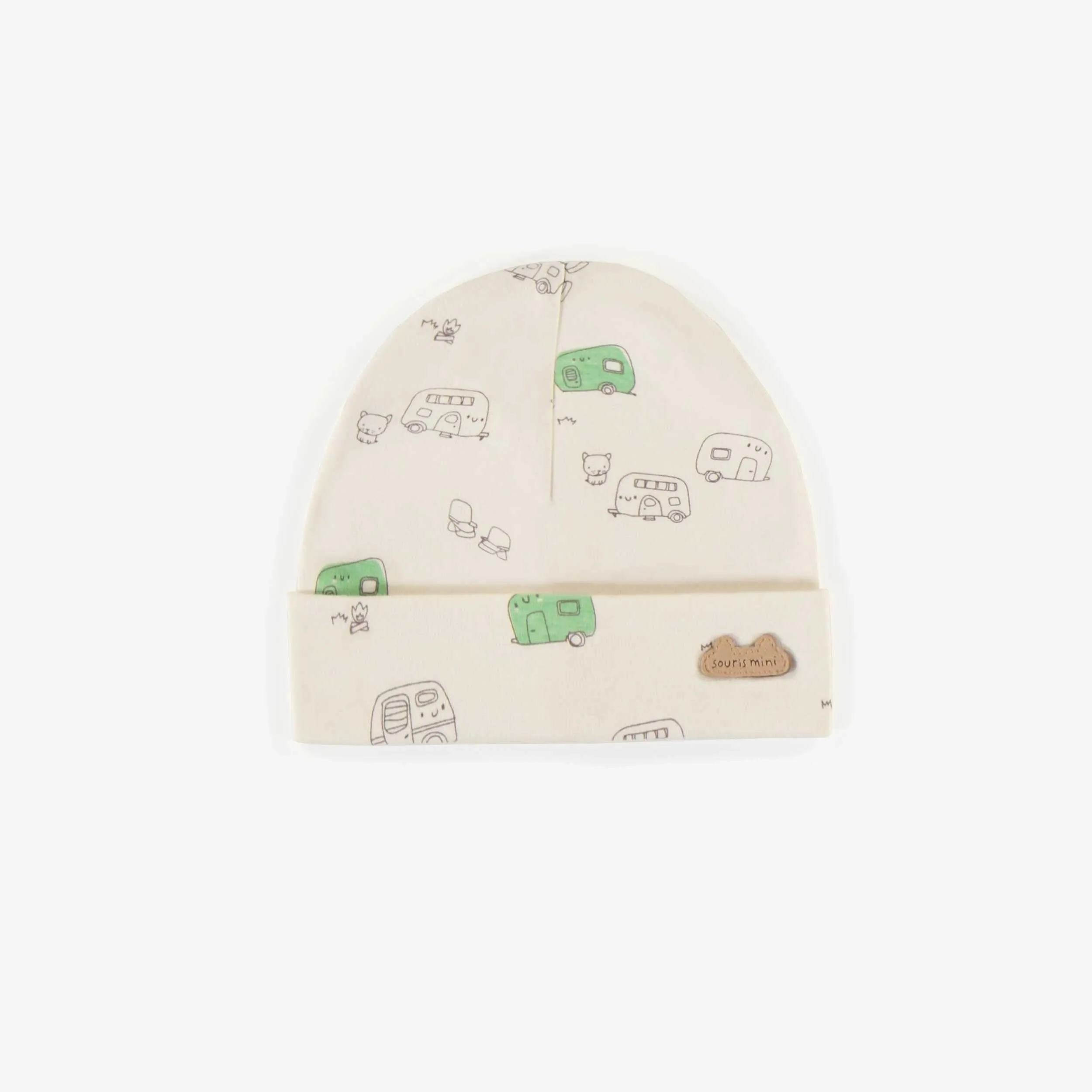 Bonnet crème à motifs en coton biologique, naissance || Cream patterned hat in organic cotton, newborn