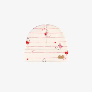 Bonnet crème à rayures roses et motifs, naissance || Cream hat in jersey with pink stripes and all over print, newborn
