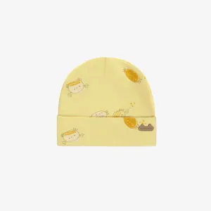 Bonnet jaune pâle à motif de crabes en jersey biologique, naissance || Light yellow hat with crabs print in organic jersey, newborn