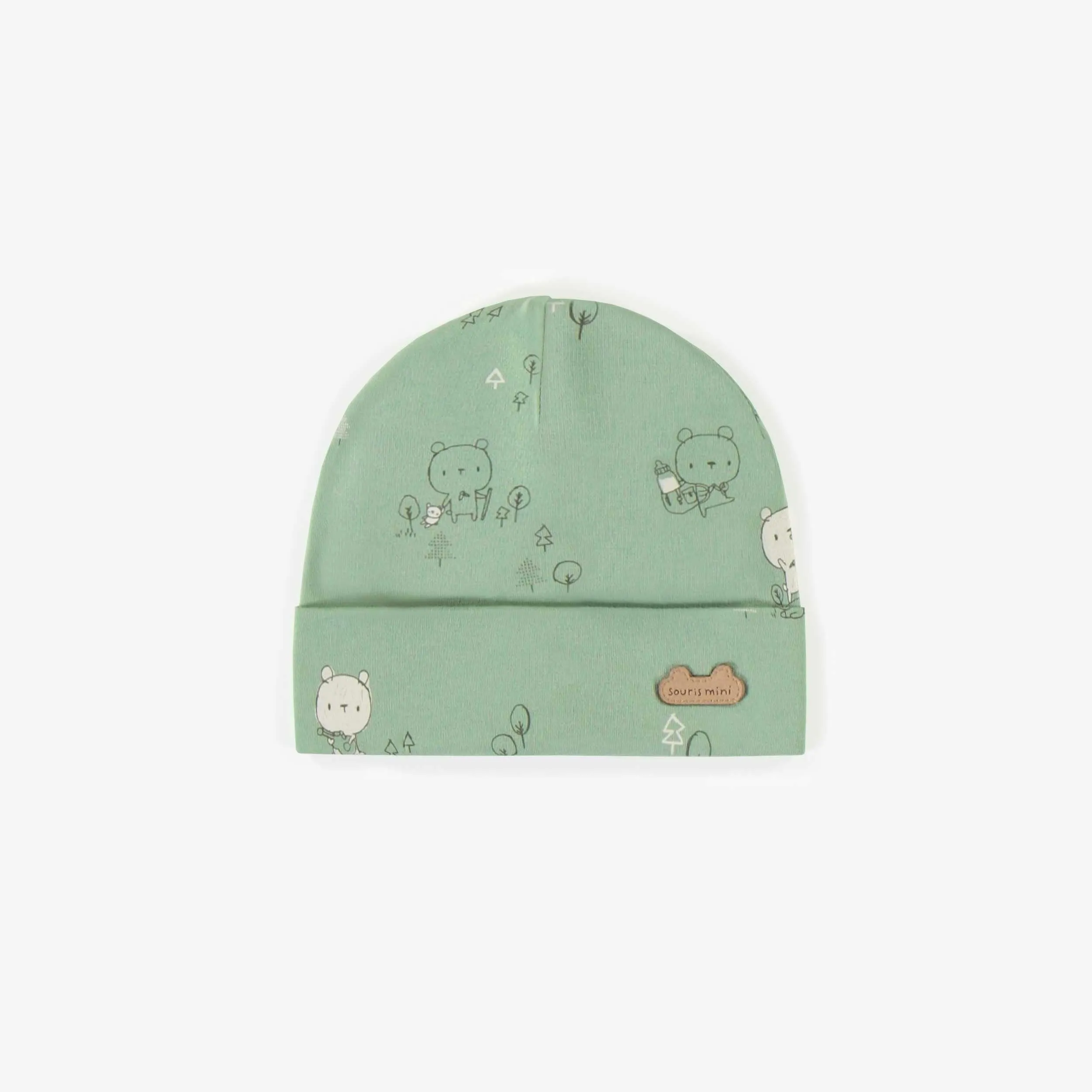 Bonnet vert à motifs en coton biologique, naissance || Green patterned hat in organic cotton, newborn
