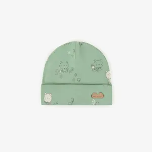 Bonnet vert à motifs en coton biologique, naissance || Green patterned hat in organic cotton, newborn