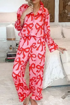 Bowknot Print Pajama Set – Short Sleeve Top & Ruffle Shorts Sleepwear