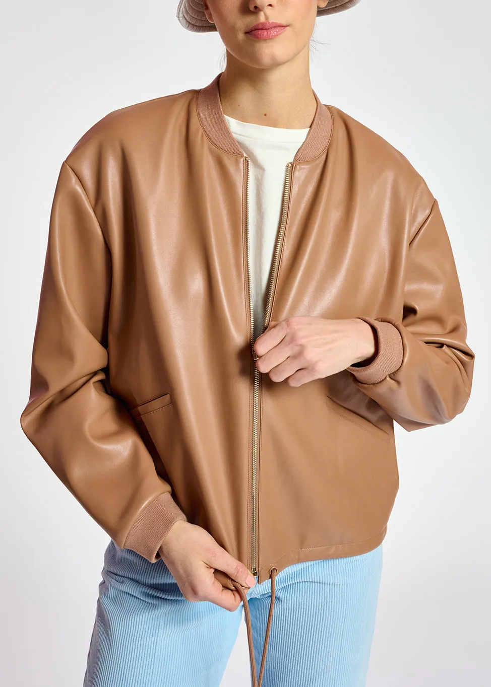 Brown faux leather bomber jacket