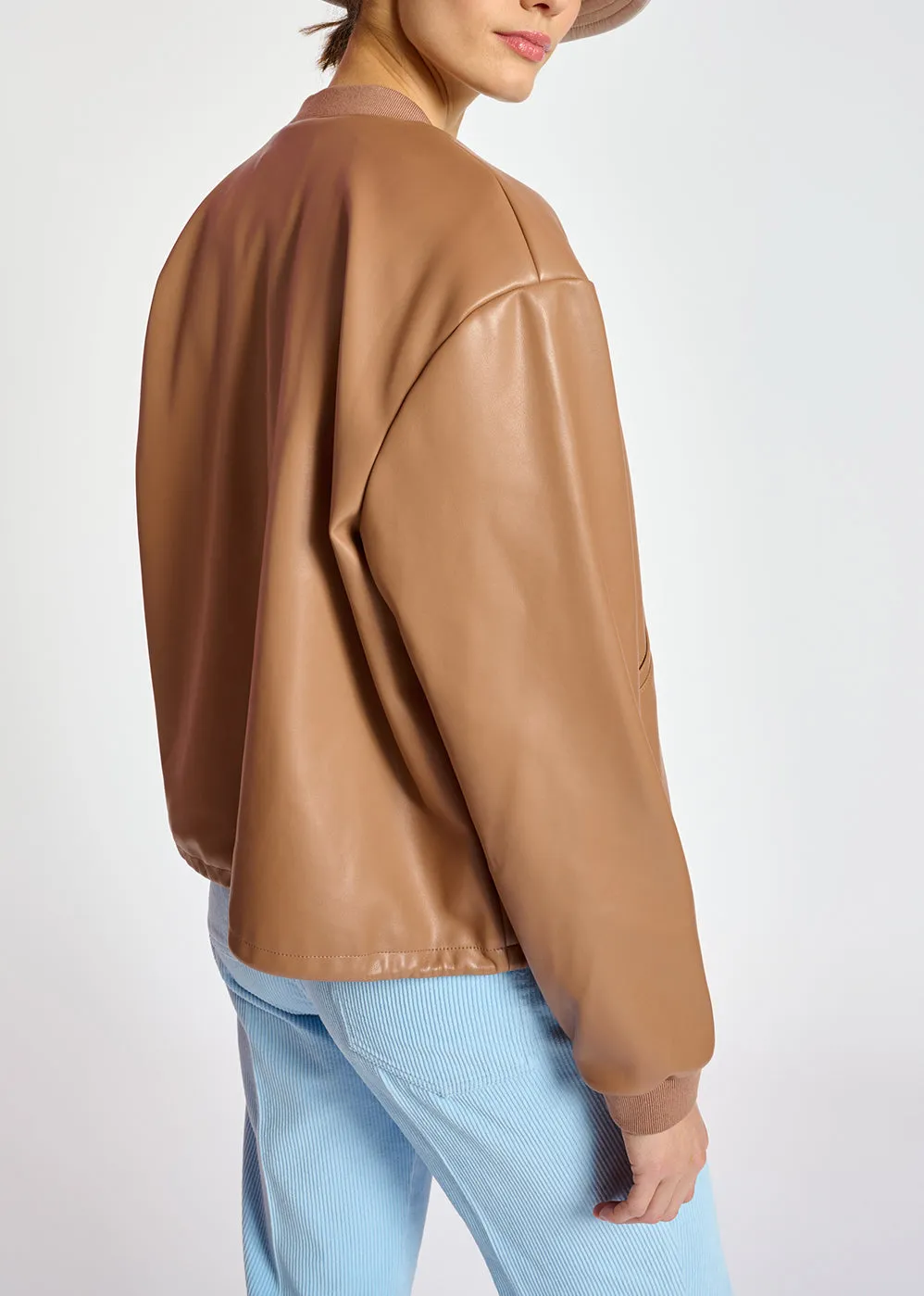 Brown faux leather bomber jacket
