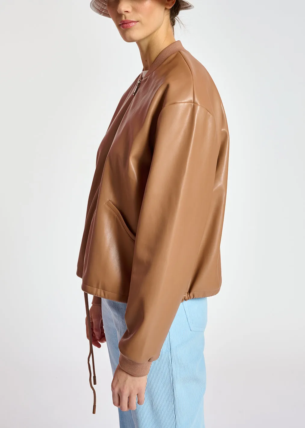 Brown faux leather bomber jacket