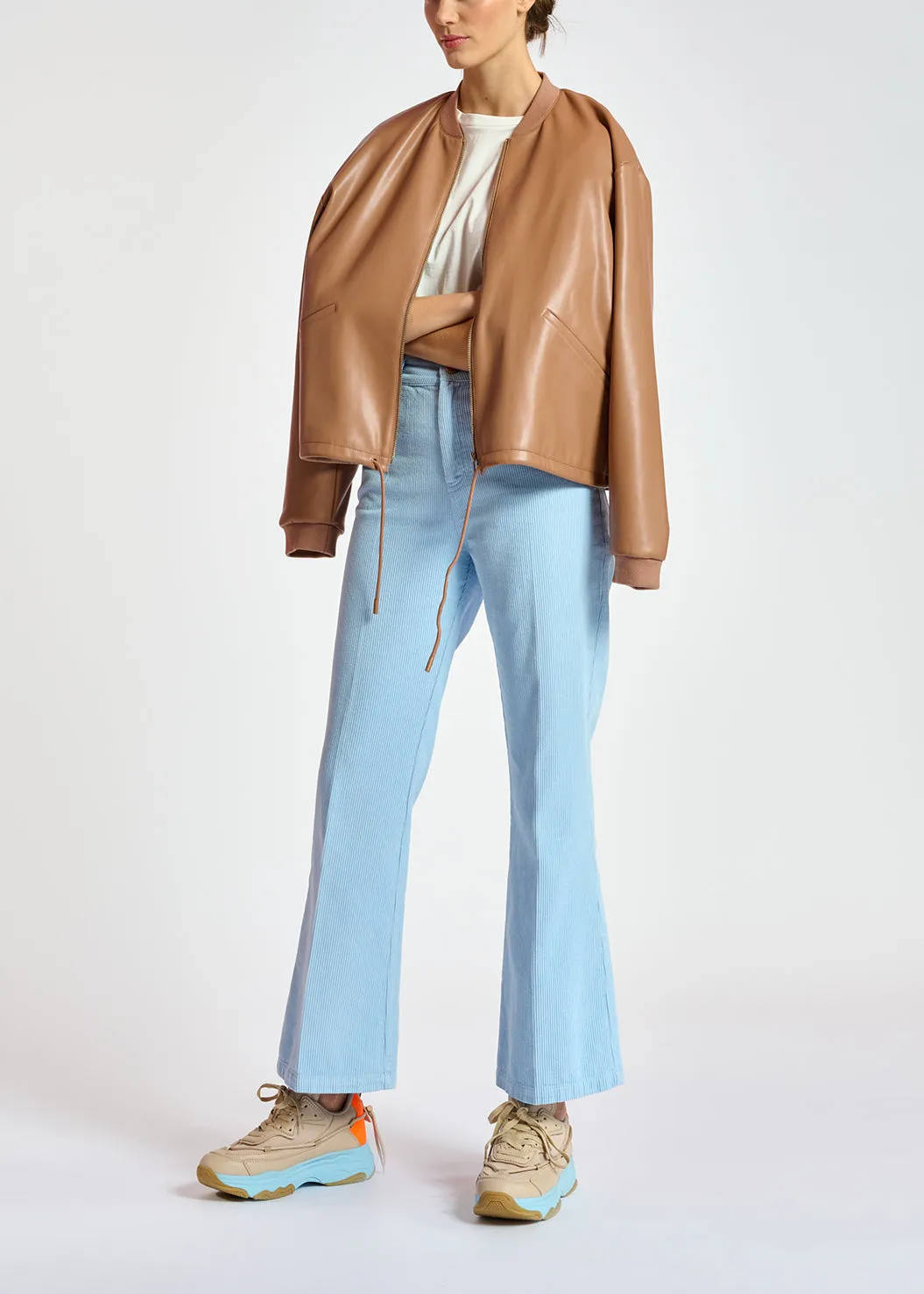 Brown faux leather bomber jacket