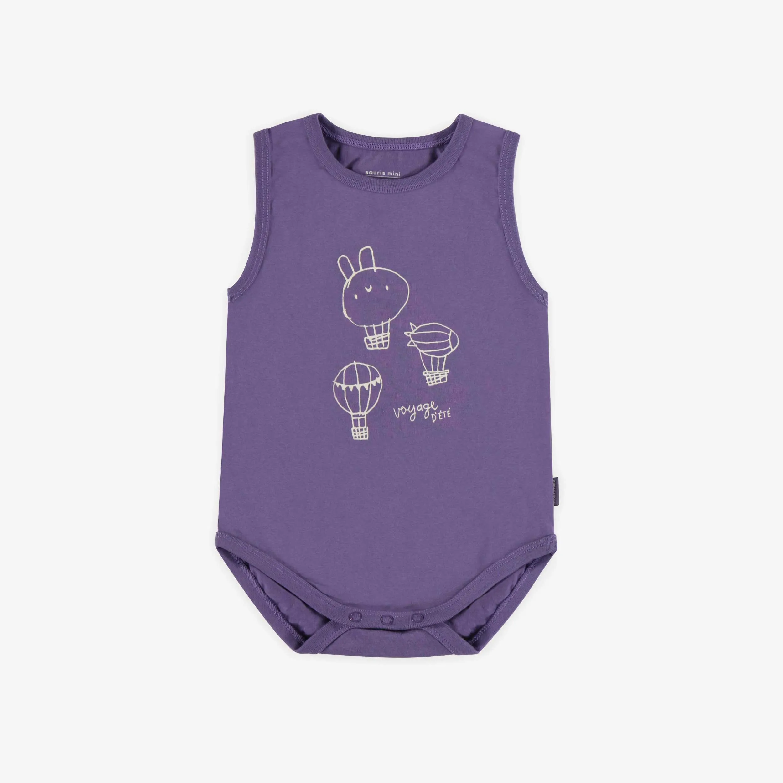 Cache-couche camisole mauve foncé avec une illustration de montgolfières en jersey extensible, bébé || Dark purple bodysuit with straps and hot-air balloon illustration in stretch jersey, baby