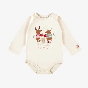 Cache-couche crème en jersey extensible avec illustration des fêtes, bébé  || Cream bodysuit in stretch jersey with holiday illustration, baby