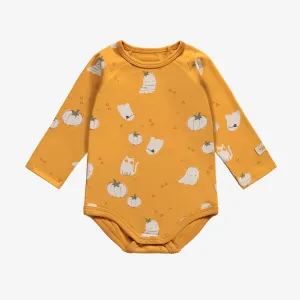 Cache-couche manches longues orange thématique Halloween en jersey extensible, bébé || Orange halloween themed bodysuit with long sleeves  in stretch jersey, baby