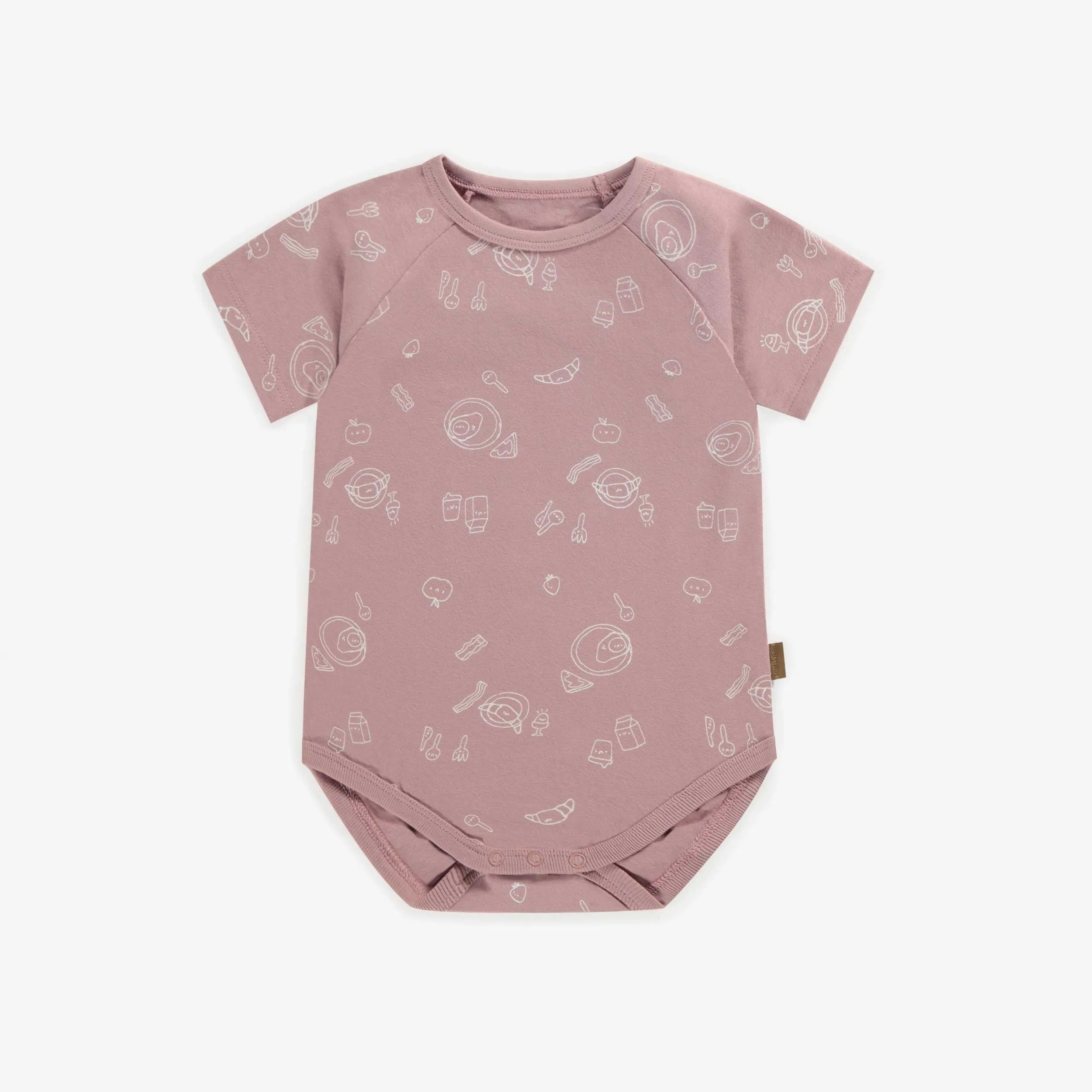 Cache-couche vieux rose avec illustrations blanches avec un thème de déjeuner en coton, bébé  || Old pink bodysuit with white illustrations with a breakfast theme in cotton, bébé