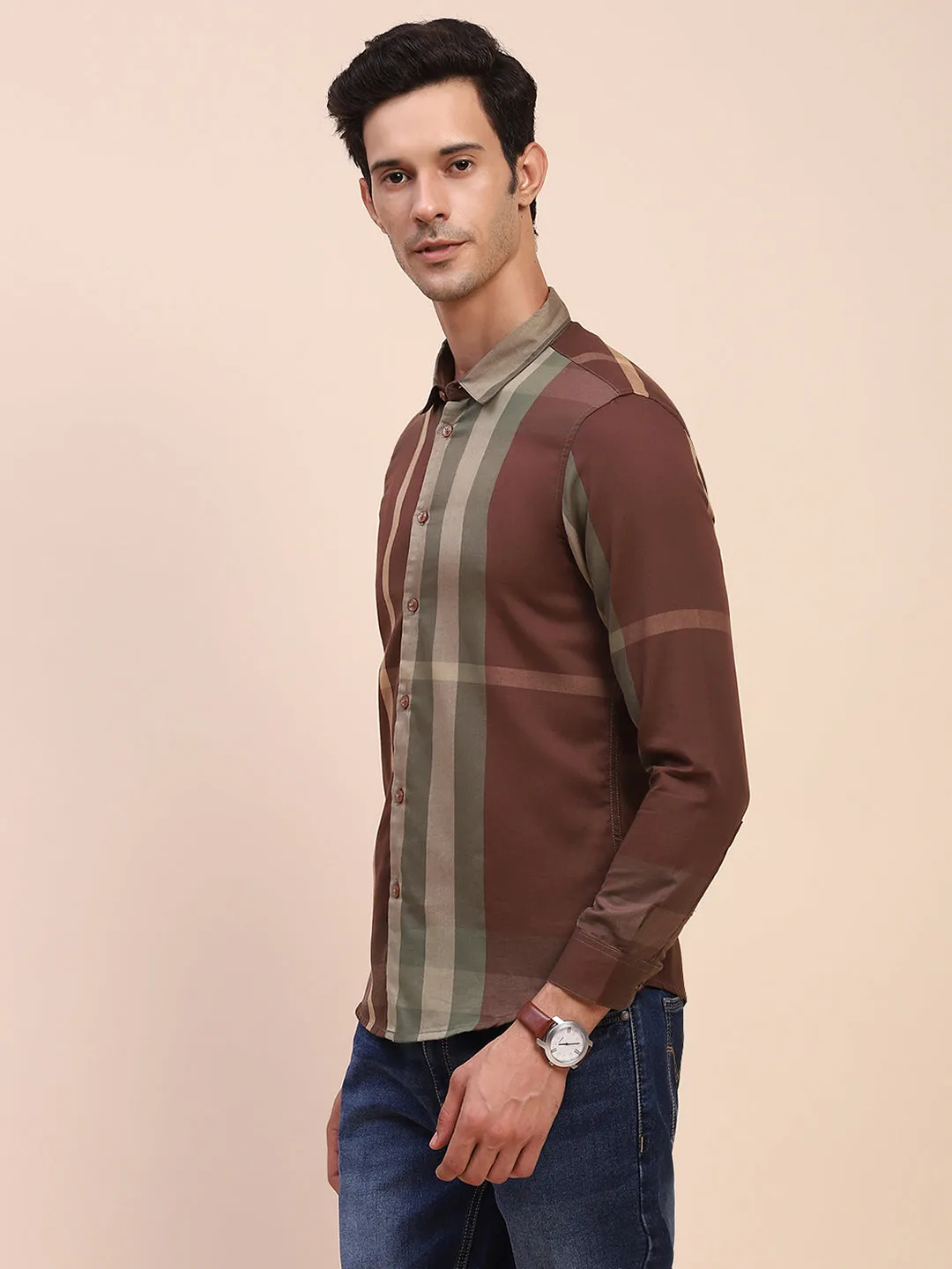 Camla Barcelona Stripe Print Moss Green Cotton Shirt