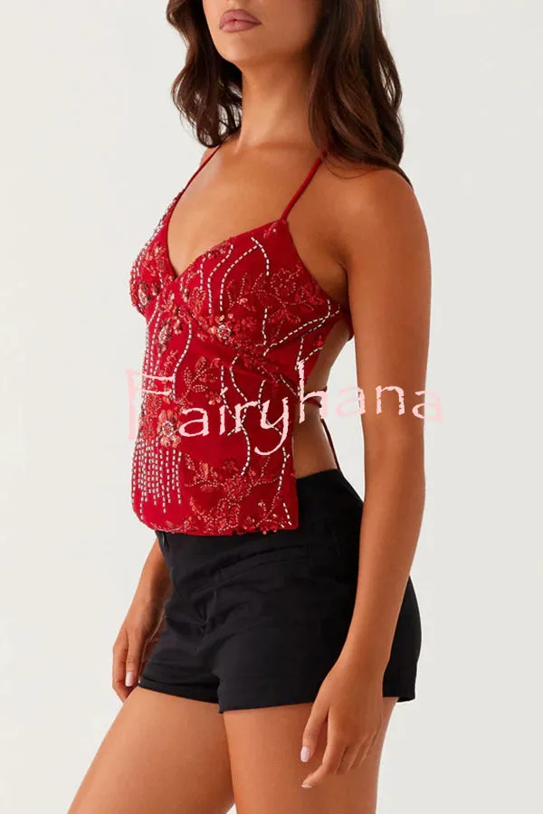 Dazzling Sequin Beaded Material Back Lace-up Loose Tank