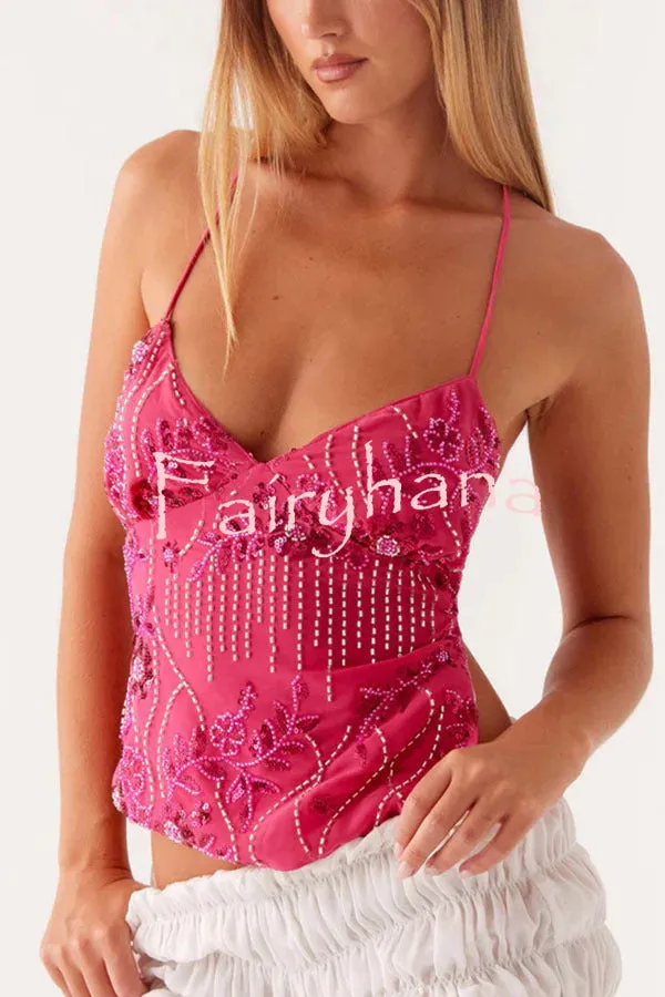 Dazzling Sequin Beaded Material Back Lace-up Loose Tank