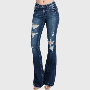 DISTRESSED MID RISE STRETCH FLARE JEANS