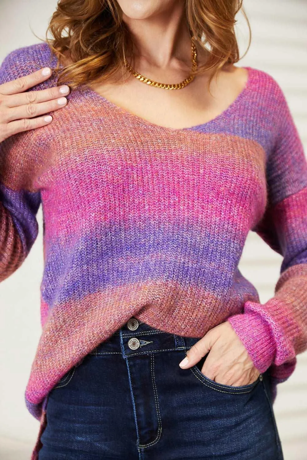 Double Take Multicolored Rib-Knit V-Neck Knit Pullover