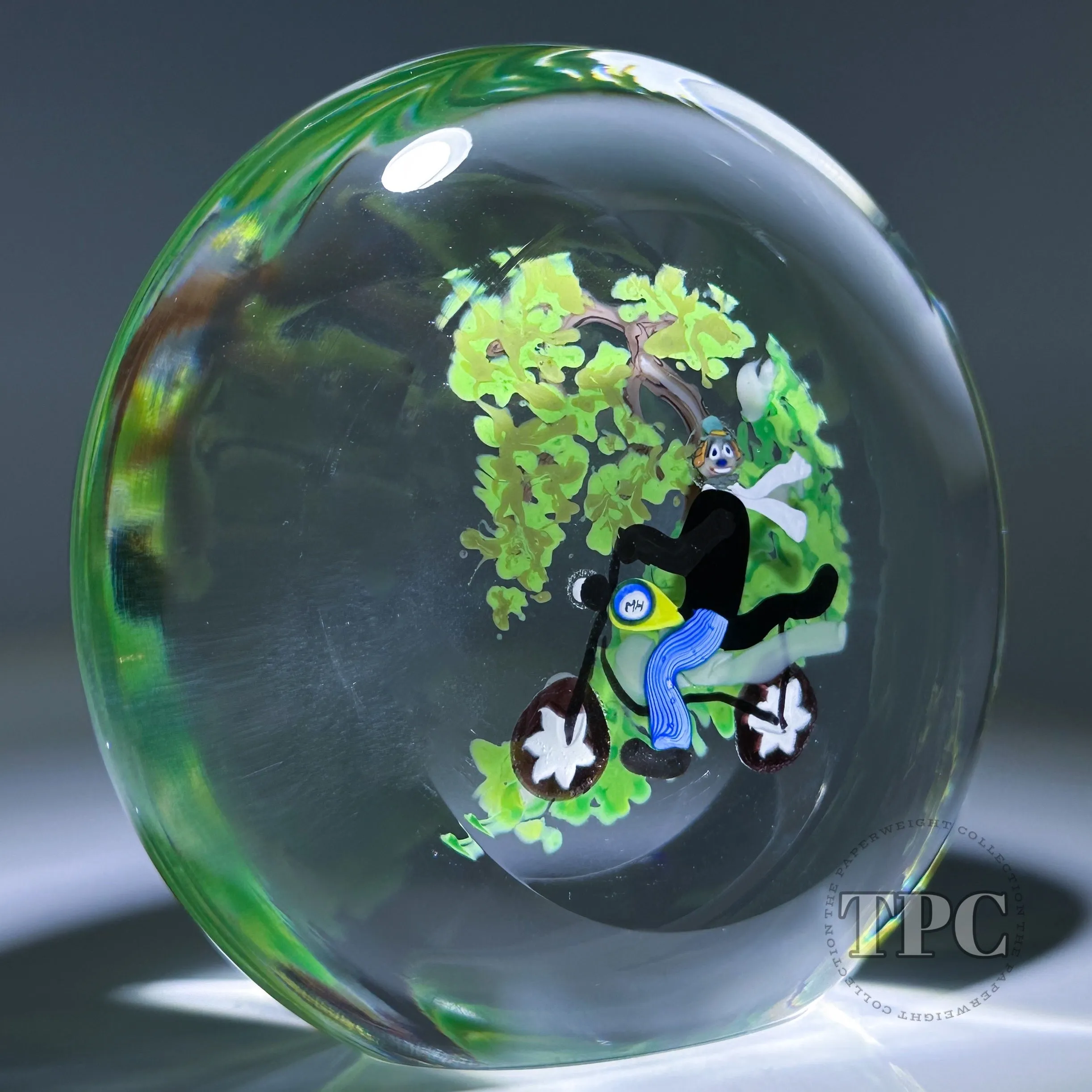 Early Michael Hunter Glass Art Paperweight Sculpture Daftie on Motorcycle