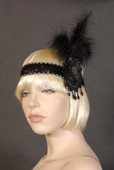 Flapper Black 20's Costume Headband with Flower